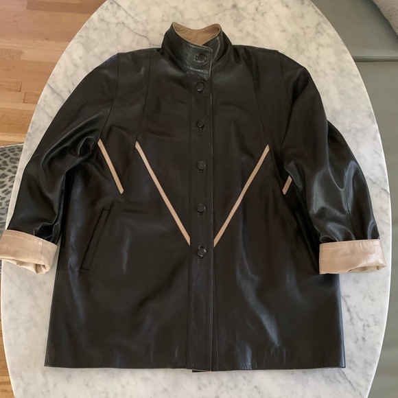 Black soft leather jacket with cream cuffs design details, mandarin collar Large - Picture 7 of 11
